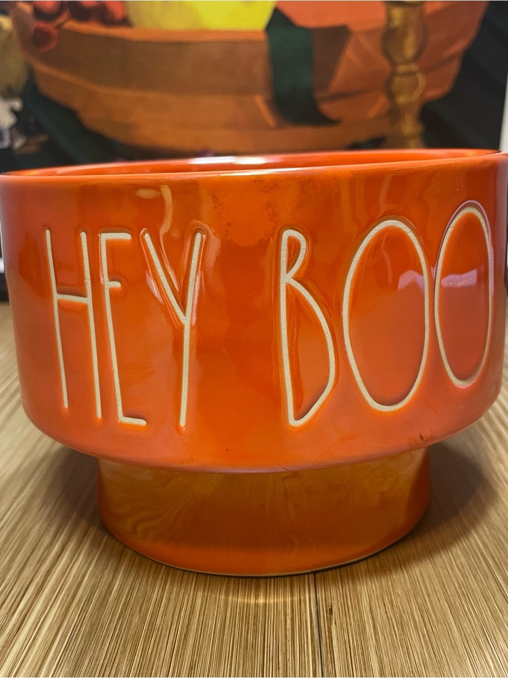 Rae Dunn "HEY BOO" Orange Ceramic Halloween Pedestal Bowl / Planter